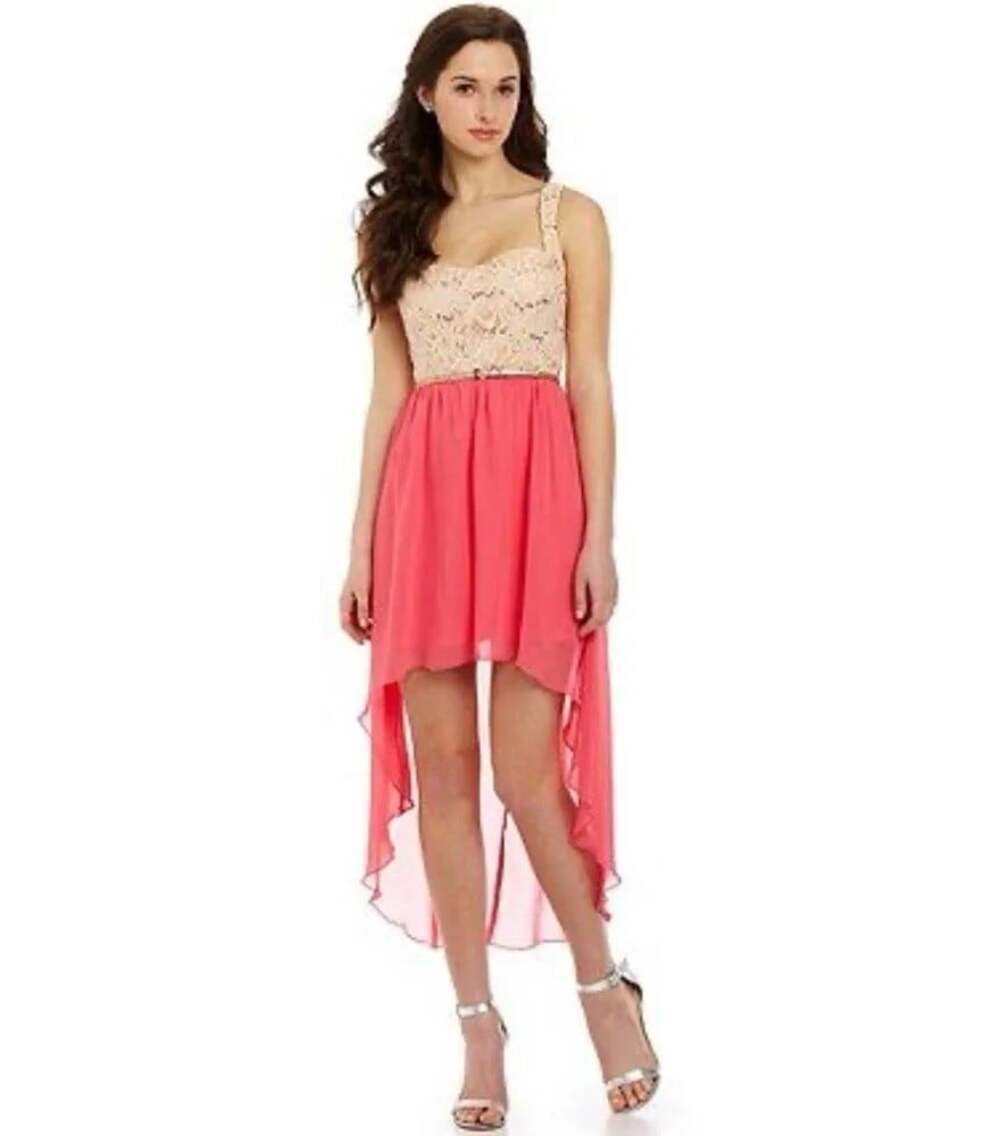 Jodi Kristopher Coral Pink Lace Sequin High Low Chiffon Formal Dress - Size 7